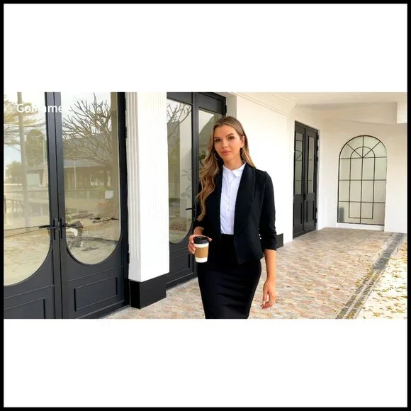 3/4 Sleeve Cropped Blazer Open Front Cardigan Jacket S-XL - Picture 7 of 7